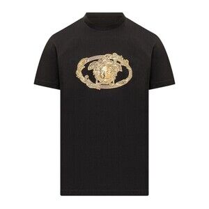 Versace Black Cotton T-Shirt With Gold Medusa Logo - NWT
